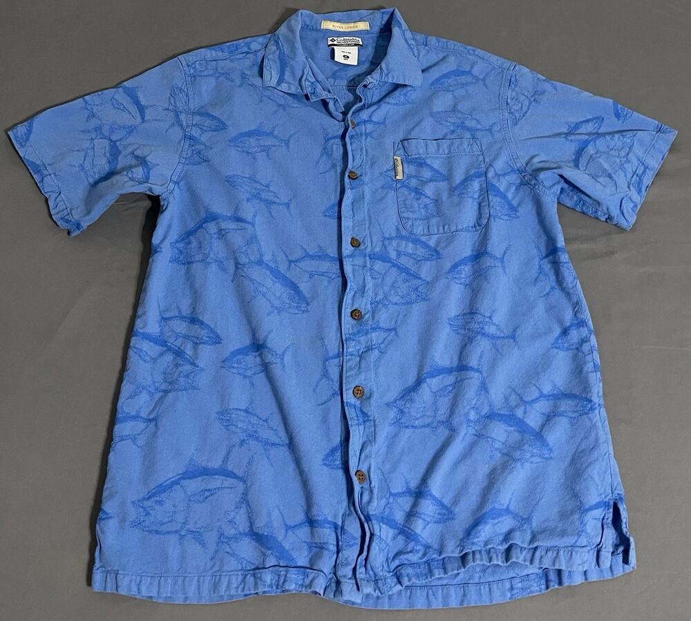 Columbia River Lodge Mens XL Blue Fish Print SS Button Shirt Jacquard Fishing